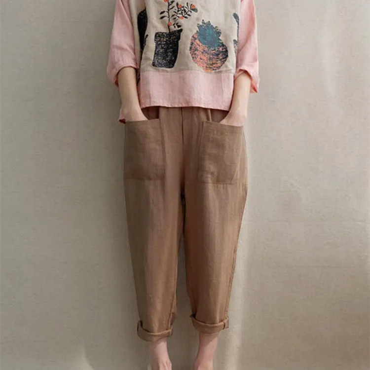 

S-5Xl Plus Size Summer Woman Pants Casual Cotton Linen Loose Trousers Female Elastic Waist Pockets Harem Pants
