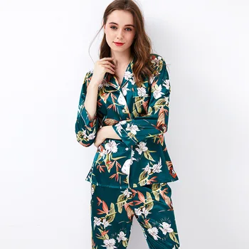 

womens satin silk pajamas set couple sleepwear 2019 spring summer plus size nightwear 2 pieces Household green floral