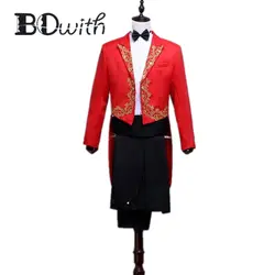 Вышитые смокинг показать мужской костюм остроконечным воротником Красный Slim Fit 2 шт. куртка + брюки для девочек свадьбы жених смокинги