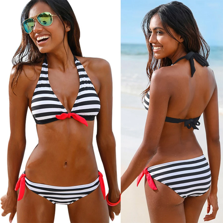 Купальник бикини в полоску с треугольным бюстгальтером|wear girls|wear womensgirls wearing swimwear |
