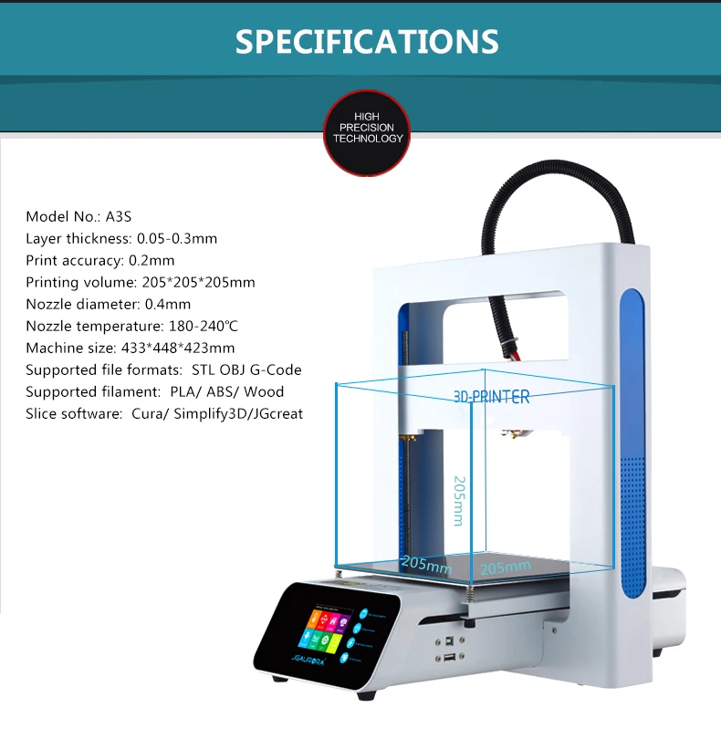 JGAURORA A3S 3d принтер полностью металлический простая сборка Высокая точность 205*205*205 мм размер сборки с бесплатными подарками