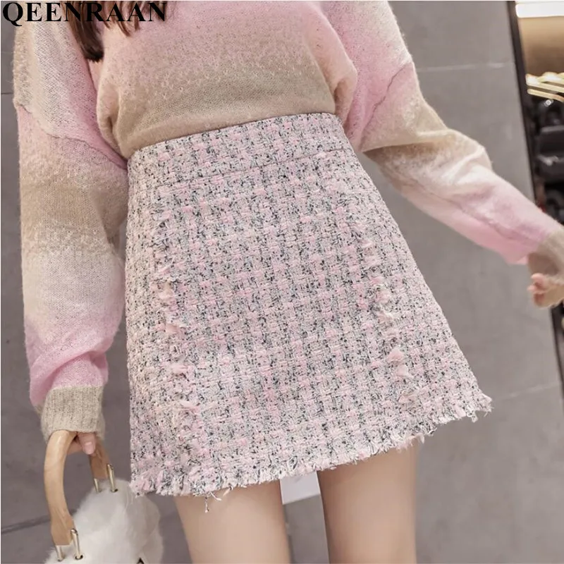 

Autumn Winter 2019 Plaid Wool Skirt Womens Glitter Tweed high Waist Mini Skirts Saia Feminina Femme Saia Jupe Saias