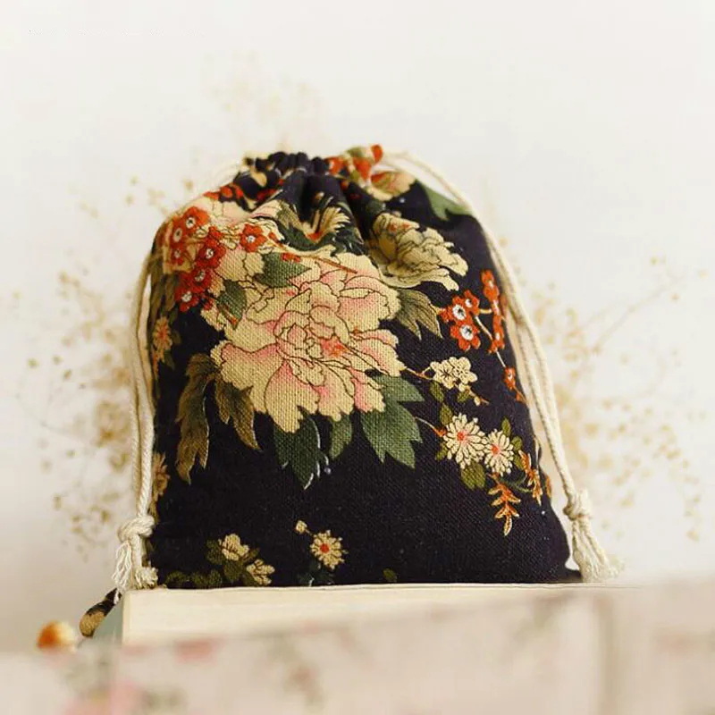 

1pc new lovely Peony Cotton Linen Storage Bag Eco-Friendly Shopping Package Drawstring Bag Small Cloth Bag Christmas Gift