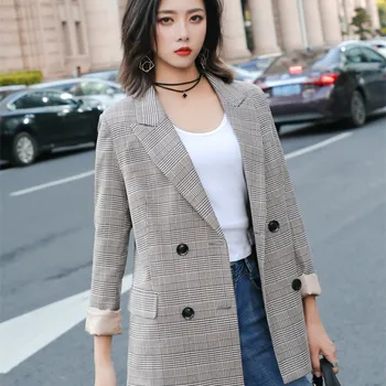

plaid small suit jacket 2018 spring and autumn women's double-breasted plaid jacket casual long-sleeved suit design jacket