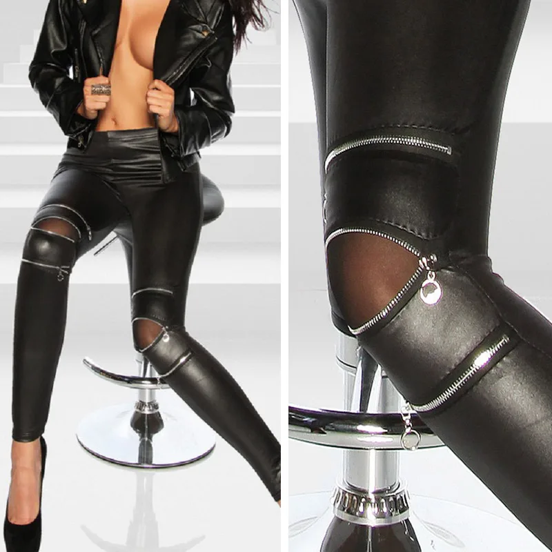 Новые Сексуальные женские брюки из искусственной кожи, Стрейчевые обтягивающие штаны на молнии, повседневные Черные Леггинсы
