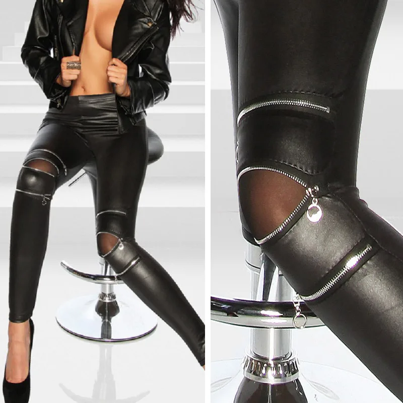 New Sexy Women Pants PU Leather Stretch Skinny Zipper Knee Casual Legging Pants Blackin