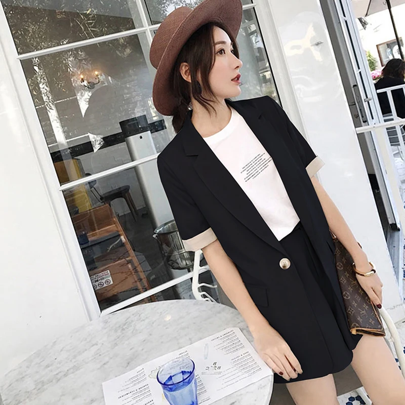 Black Apricot Pièces Automne full Pleine full Courtes short Pantalon D'été Occasionnel Femmes amp; Ensemble Feminino Femme Manches Costume 2 Blazer Veste Costumes 2019 Pour Black Apricot Hot Sleeve Short qHZHw4SF