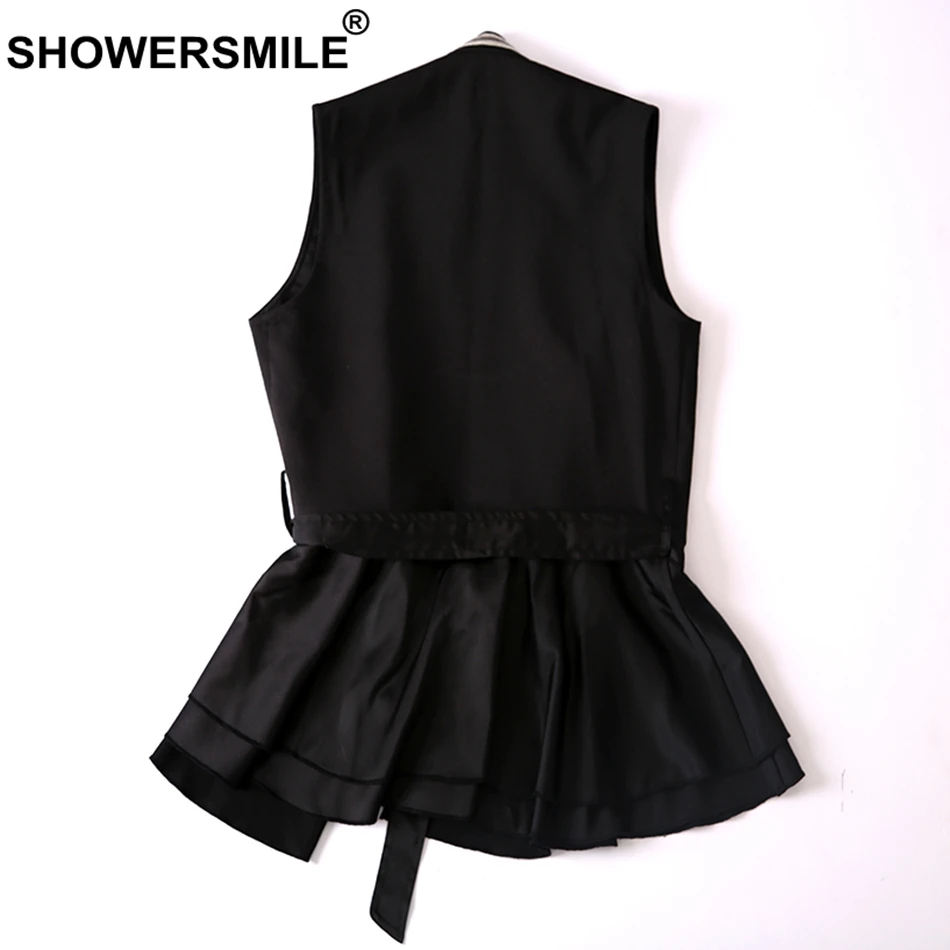 SHOWERSMILE Elegant Vest For Women Black Ruffle Waistcoat Lady Lace Up Office Slim Fit Sleeveless Jackets Female Autumn Clothing