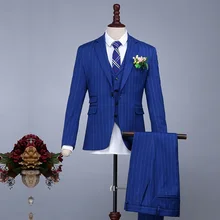 Высокое Качество одной Кнопки Синий Тонкий бизнес мужские костюмы Дружки Дирижер Костюмы указан(Куртка+ Брюки+ жилет