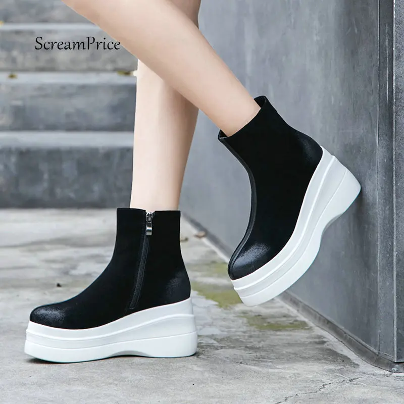 

Women Suede Flat Ankle Boots High Heel Fashion Platform Boots Zipper Comfortable Winter Female Shoes Black White Brown