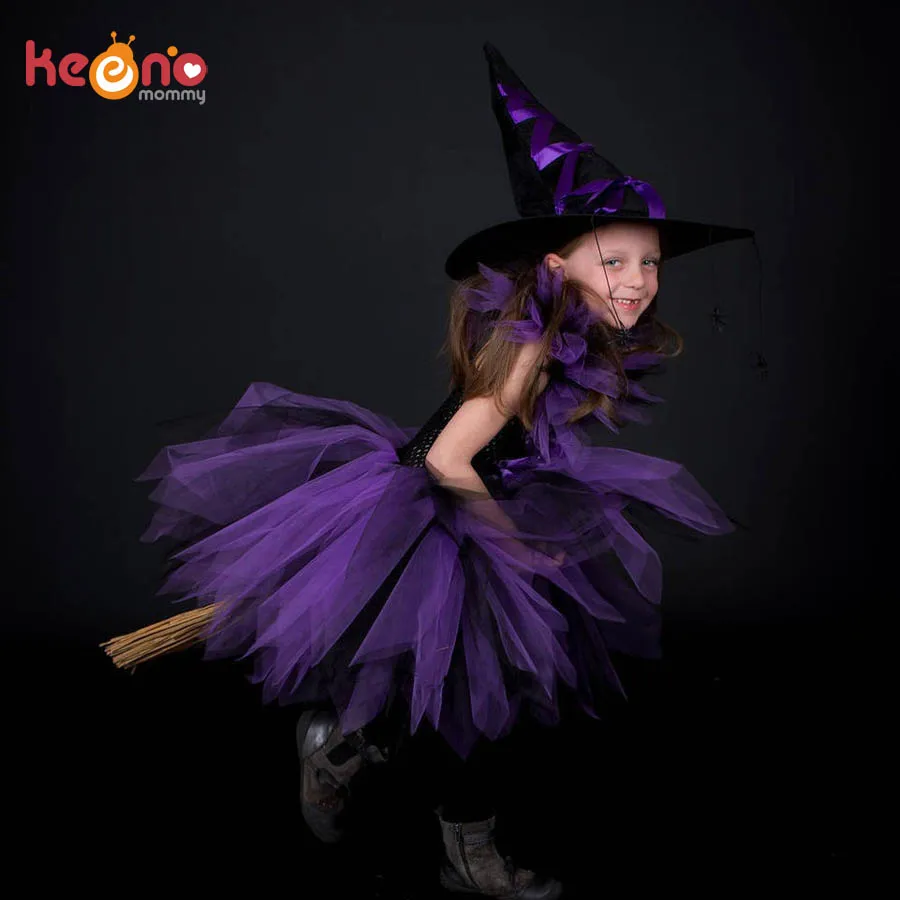 Purple Blak Girls Witch Tutu Dress with Witch Hat Handmade Tulle Halloween Costume Carnival Cosplay Party Photo Dress (2)