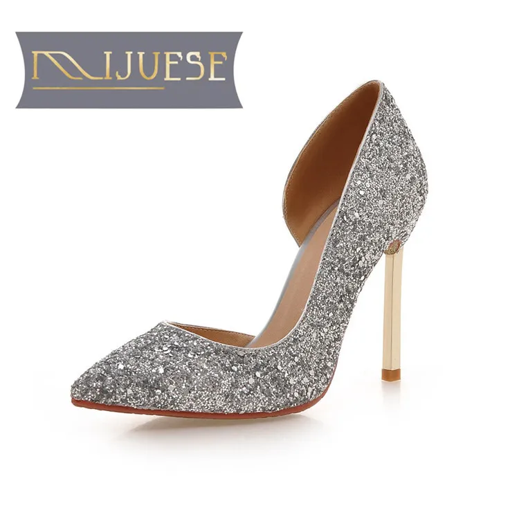 

MLJUESE 2018 women pumps slip on BlingBling pointed toe Microfiber autumn spring high heels size 34-43