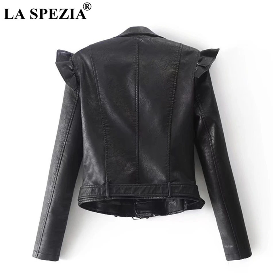 LA SPEZIA Faux Leather Jacket For Women Pink Zipper Jacket Female With Belt Pockets Rivet Irregular Biker Motorcycle Autumn Coat