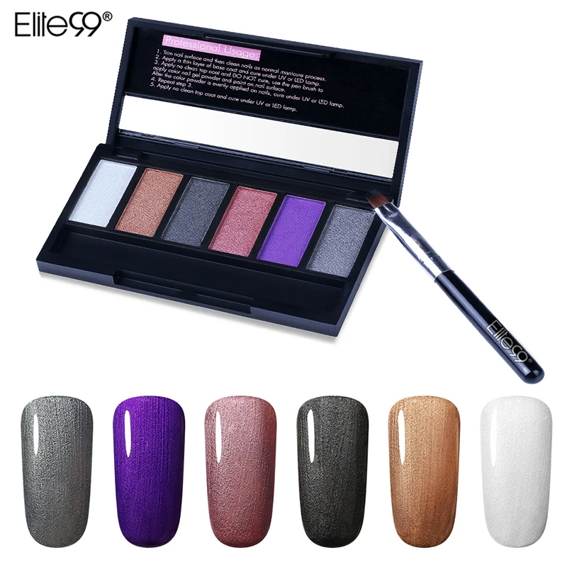 

Elite99 6 Colors Compact Nail Gel Powder Pure Color Glitter Powder Nail Art With Brush Pen Need No Clean Top Coat Manicure