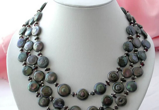 

FREE SHIPPING>>>@@ > N1971 3row 14mm black coin freshwater pearl crystal necklace