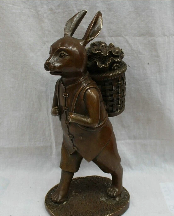 

14" Chinese Bronze Wealth Rabbit Man Carry YuanBao Skep cabbage Statue Sculpture