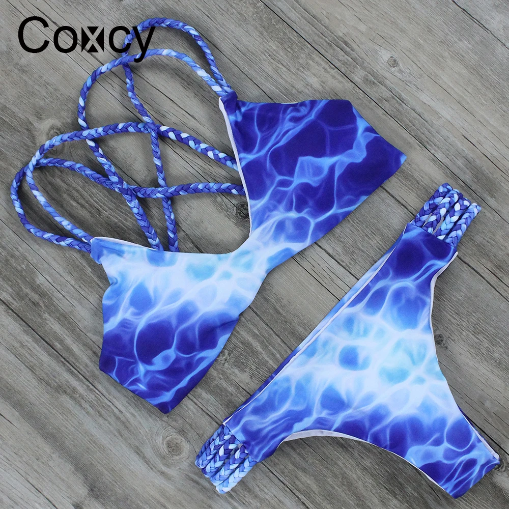 Coxcy Women Sexy Bikini Set Brazilian Bikini Weaving Rope Straps Print