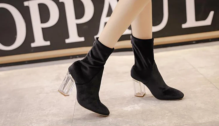 LALA IKAI Transparent Crystal Heel Short Boots Women Velvet High Heel Ankle Boot Fashion Women's Winter Boots (2)