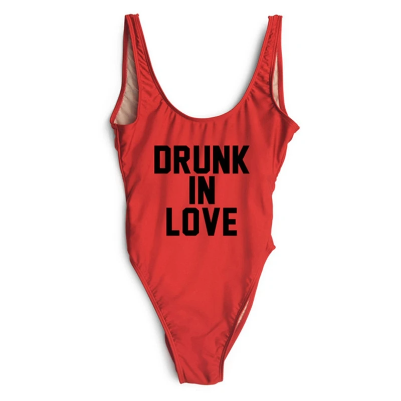 Женский слитный купальник с надписью DRUNK IN LOVE красный купальный костюм монокини