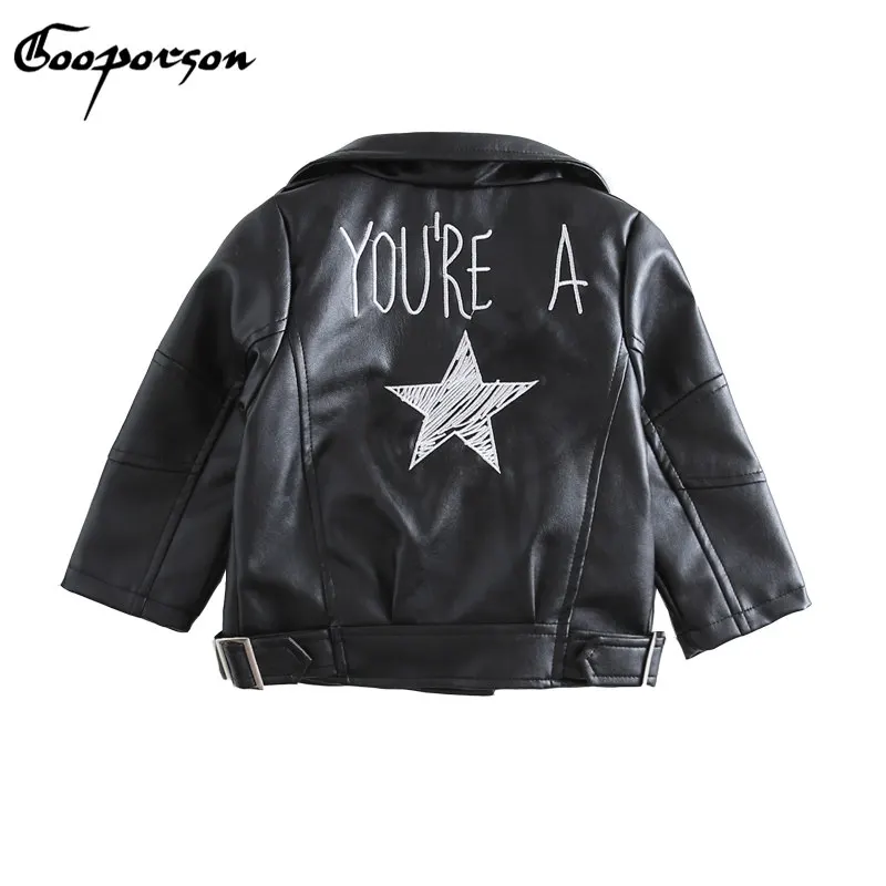 

GOOPORSON Girls Leather Jacket Long Sleeve Black Embroidery Baby Girl's Autumn Outerwear You're A Jacket Fashion Kids Coats