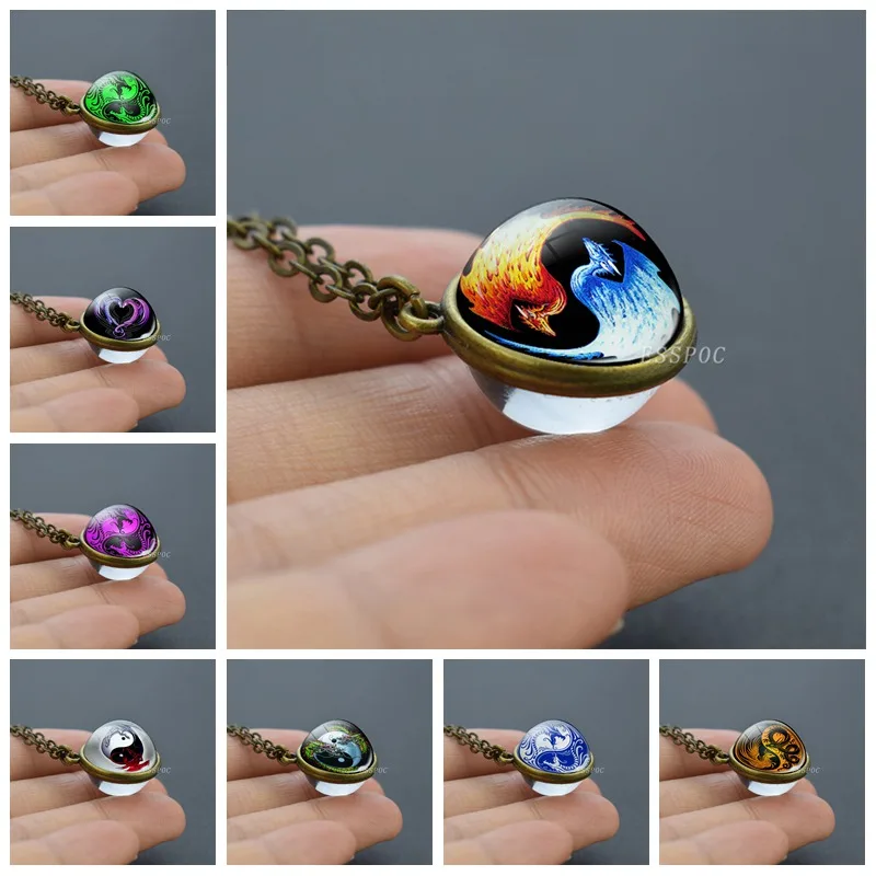 

Double Side Yin Yang Taichi Necklace Yin Yang Dragon Glass Ball Pendant Bronze Chain Necklace Choker for Women Men