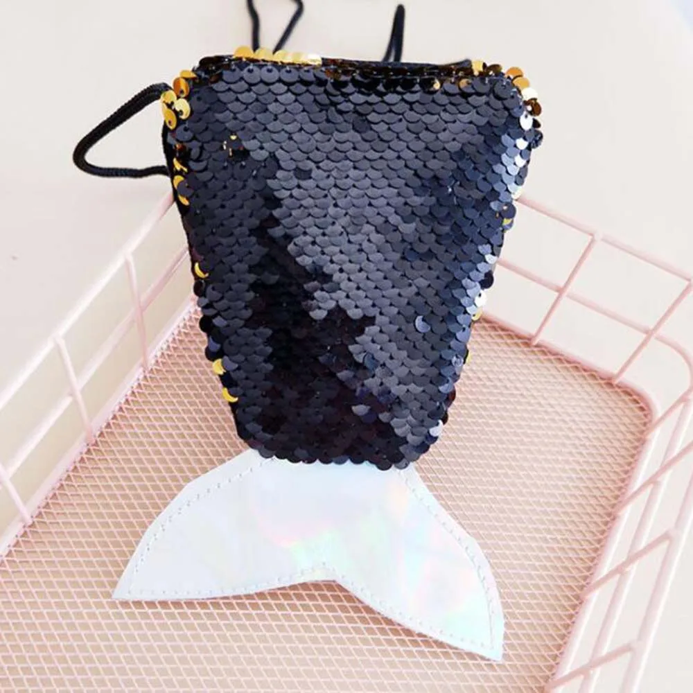 

Creative Kids Girl Coin Purse Mermaid Sequins Small Satchel Children Purse Fish Tail Cosmetic Zipper Bags Long Rope Coin Wallet