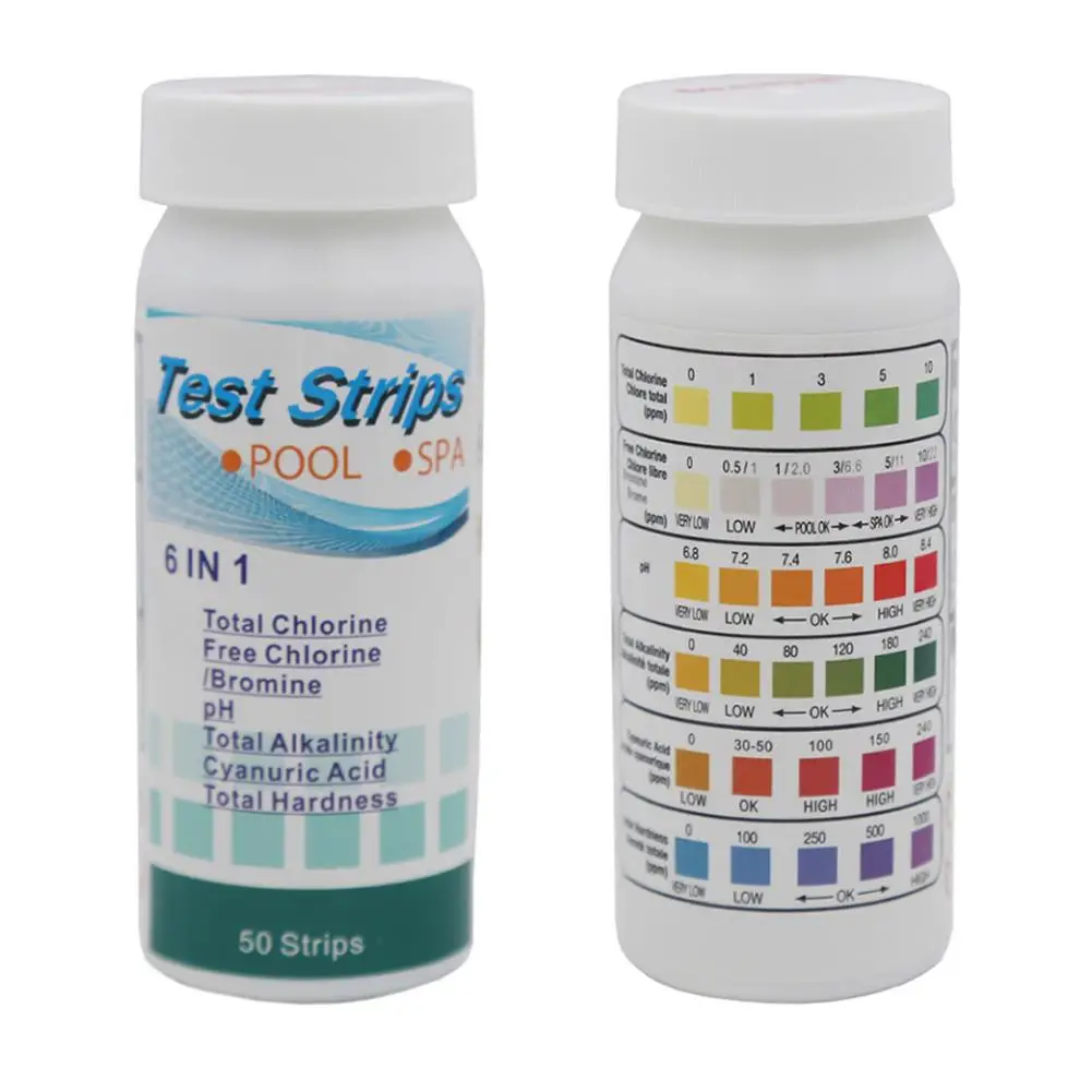 

6 IN 1 Pool Test Strip Earplugs Spa Bath Water Quality Test PH Total Chlorine Chlorine Free Alkalinity Cyanuric Acid Hardness