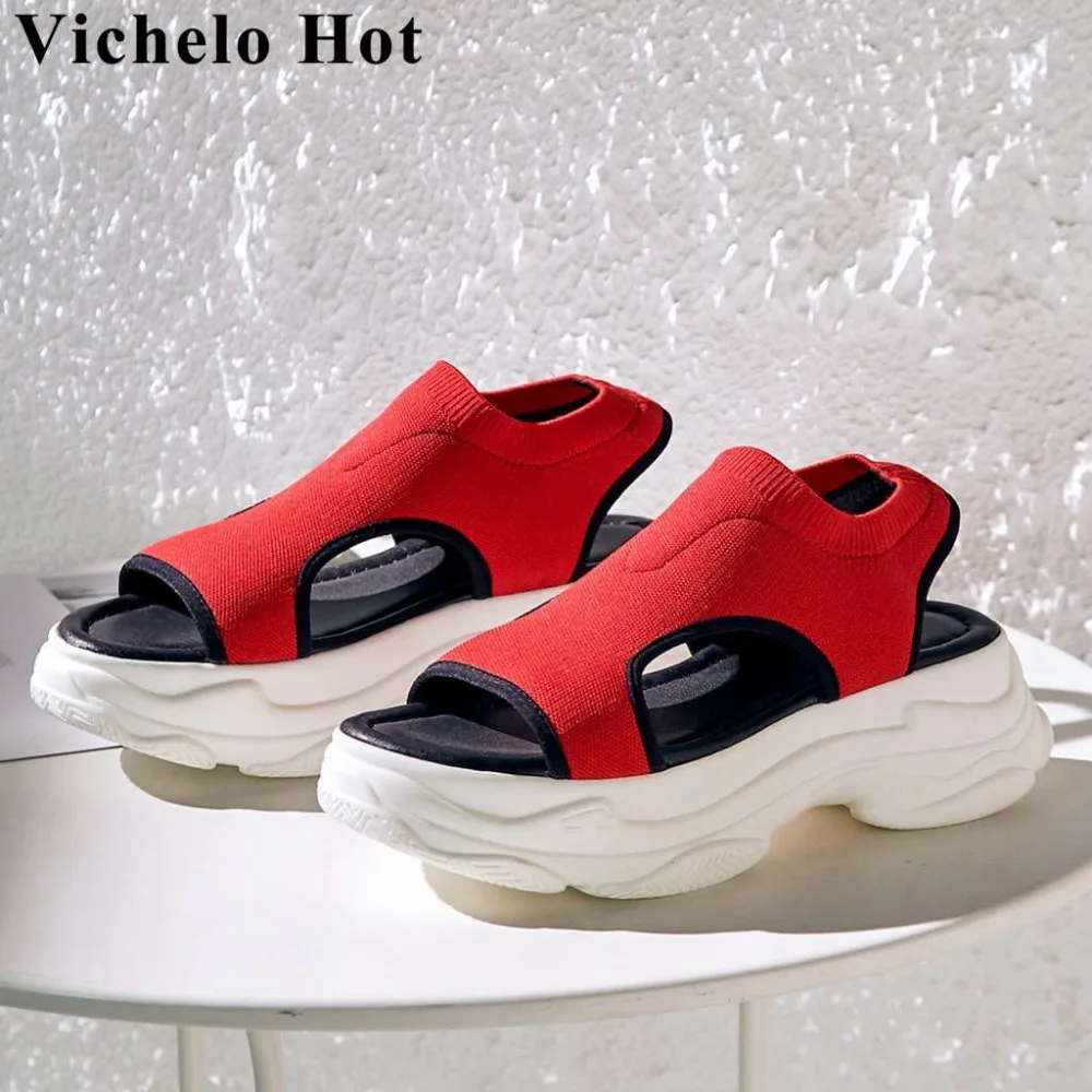 

Vichelo Hot good quality gladiator shoes design preppy style slip on slingback young girl knitting women sandals hollow shoe L17