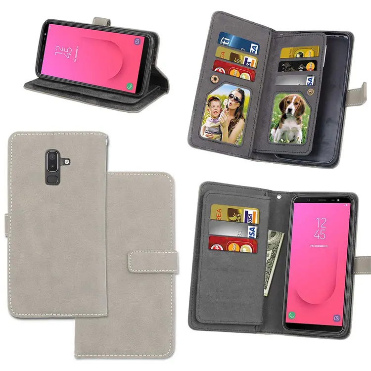 grey Капа Fundas для samsung Galaxy J8 держатель чехол для samsung Galaxy J8 кожаный чехол для телефона 9 слотов для карт - Цвет: grey