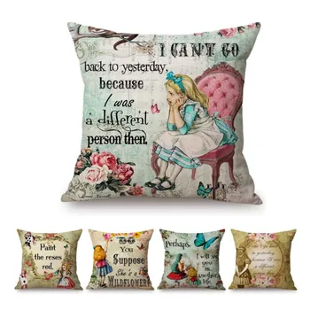 

Cartoon Alice in Wonderland Printed Cushion Cover Vintage Letters Home Decorative Sofa Coffee Car Chair Throw Pillow Case