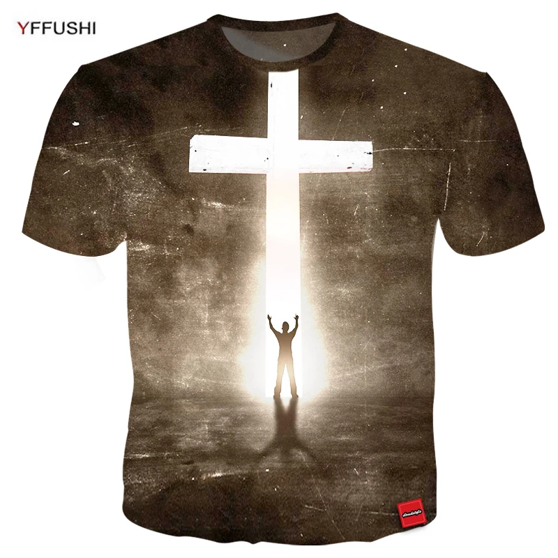 

YFFUSHI 2018 Male Short Sleeve T-Shirts Unique Easter t-shirt Men Glowing Bright Cross 3D Print Tops Tees Plus Size 5XL