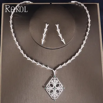

RAKOL Punk Style New Wedding Costume Accessories Cubiuc Zirconia Crydtal Bridal Earring & Necklace Big Jewelry Set For Brides