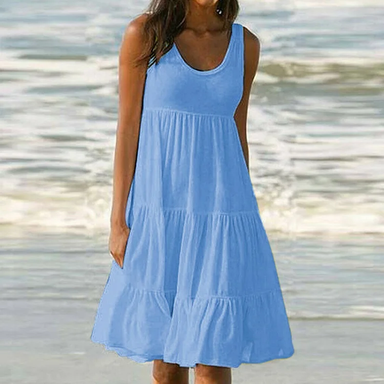 Fanbety женское праздничное пляжное платье ярких цветов, Элегантное летнее сексуальное плиссированное платье без рукавов с круглым вырезом, женские вечерние платья, Vestidos 5XL - Цвет: light blue