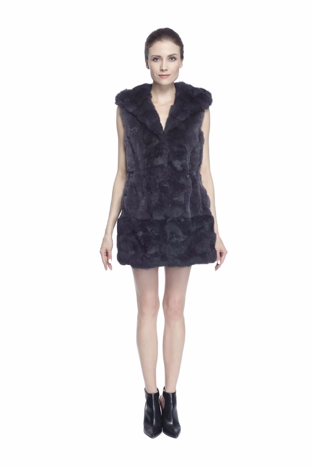 black puffer ZY88012 Women Elegant Real Winter Rex Rabbit Fur With Hooded Long Fur Vest Waistcoat Gilet Slim Fur Vest petite long puffer coat