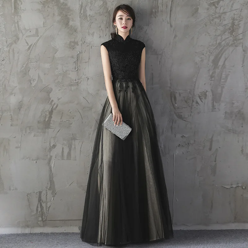 Длинный китайский стиль Lday Qipao размер Elegant Vestidso элегантные вечерние женские платья кружевное черное сексуальное платье Чонсам S-141