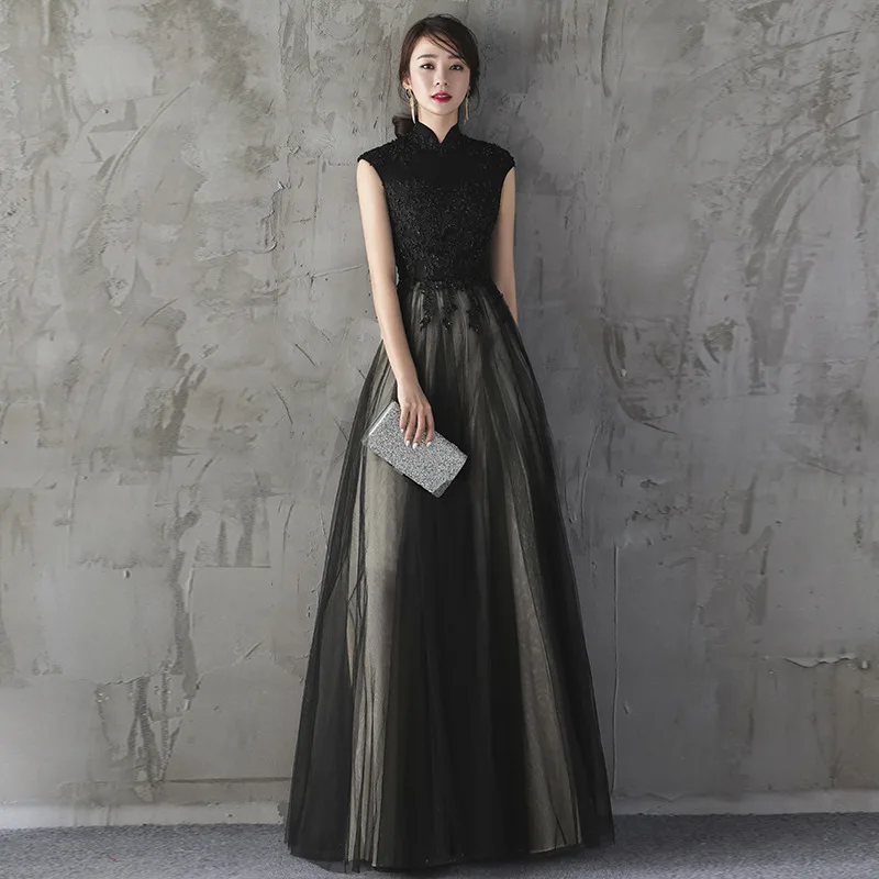 

Long Chinese Style Lday Qipao Size S-XXL Vestidso Elegant Evening Party Women Dresses Gown Lace Black Sexy Cheongsam S-141