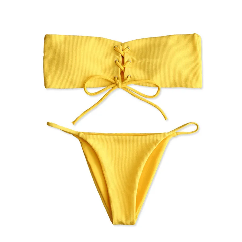 

Solid Yellow Bandeau Brazilian Bikini Women 2018 Swimsuit Cross Sexy Swimwear Special Fabric Bathing Suit