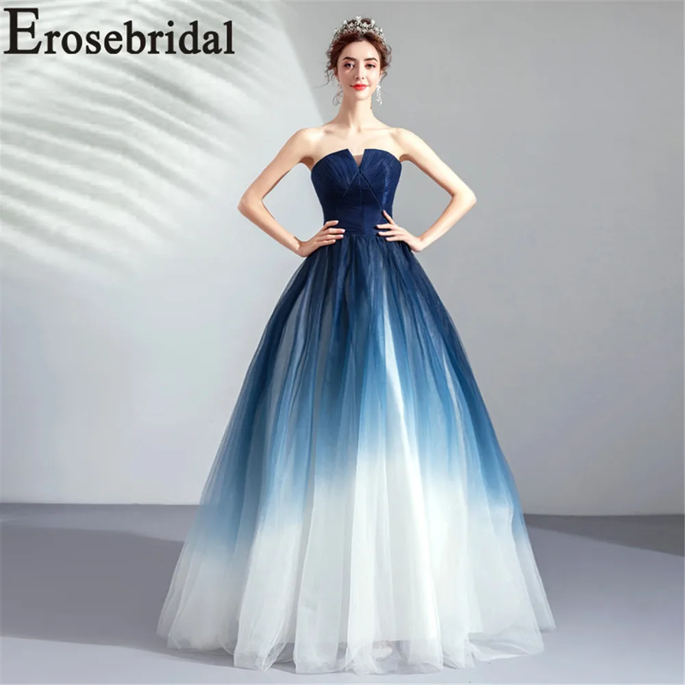 Erosebridal 2019 Contrast Color Blue White Evening Dress Long Elegant Formal Women Party Prom Gown with Lace Up Back Pleat Body
