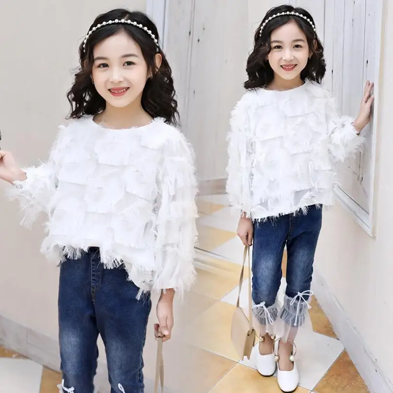 

2019 Spring Toddler Teen Girls Lace Blouse Top White Child Clothes Long Sleeve School Girl Shirt Kids Tops 6 8 10 12 Year JW3823