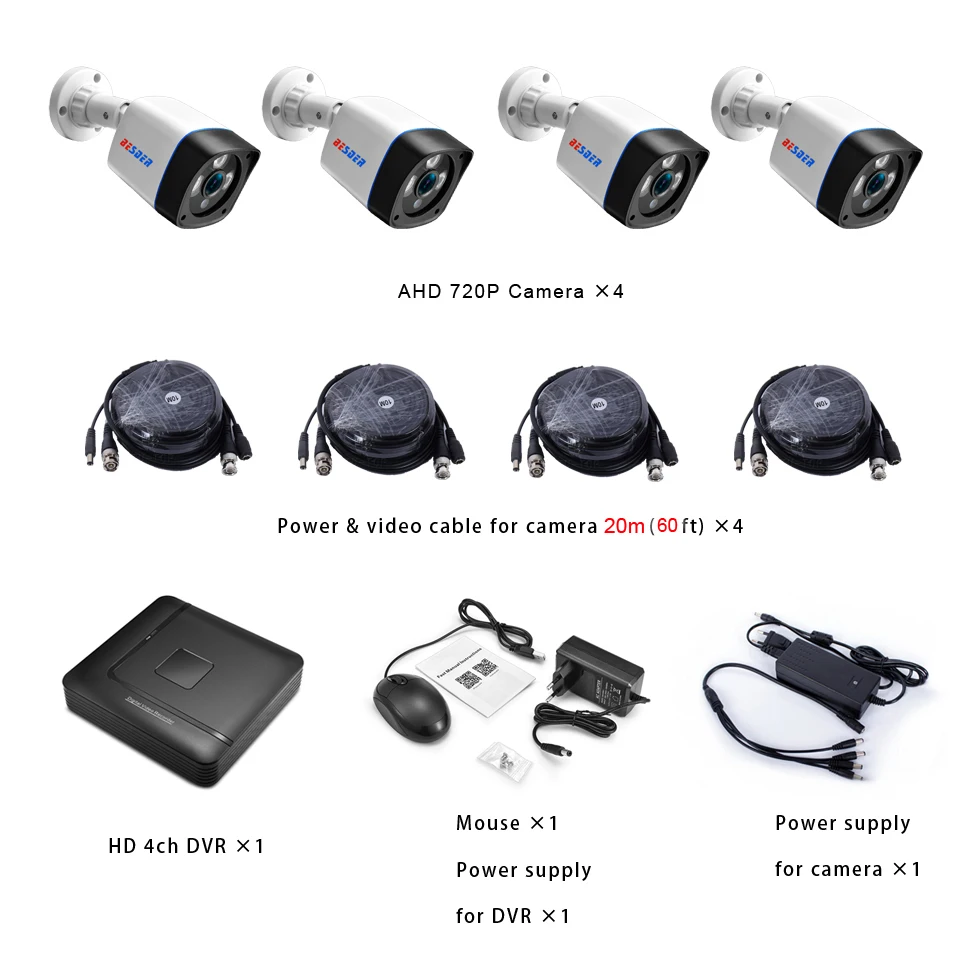 Система видеонаблюдения BESDER 4CH HD 720 P AHD DVR 4 шт. 1 0 МП уличная инфракрасная камера 1200