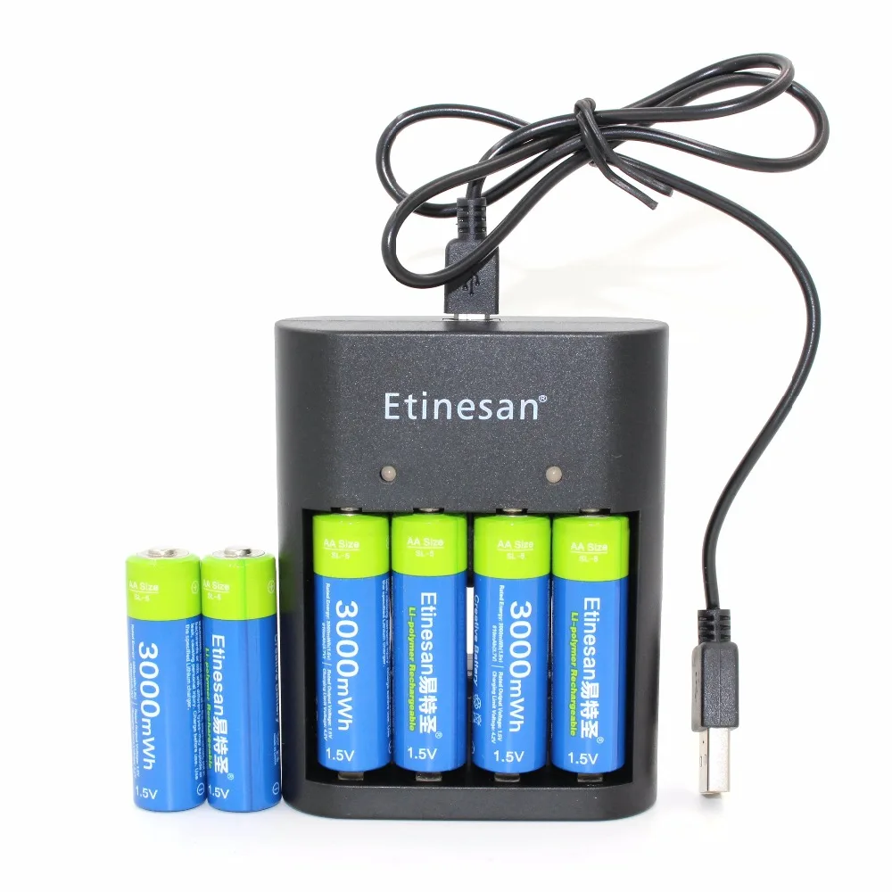 

6pcs/lot Etinesan 3000mWh AA battery + USB charger , Li-polymer Li-Po Lithium Lion Rechargeable Battery for Wireless earphone,
