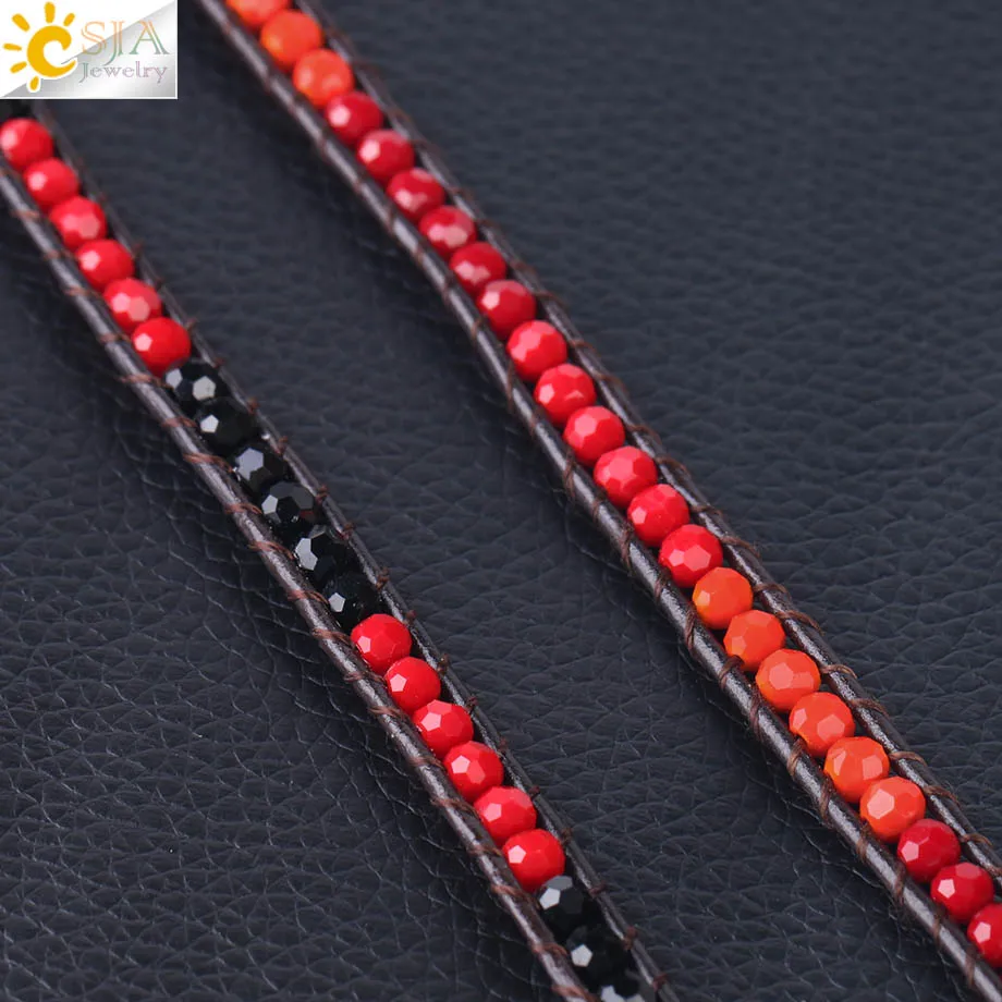 Csja 7 мм ширина тройные кожаные браслеты и браслеты красные стеклянные хрустальные браслет из бусин женская подвеска Бохо ювелирные изделия S119