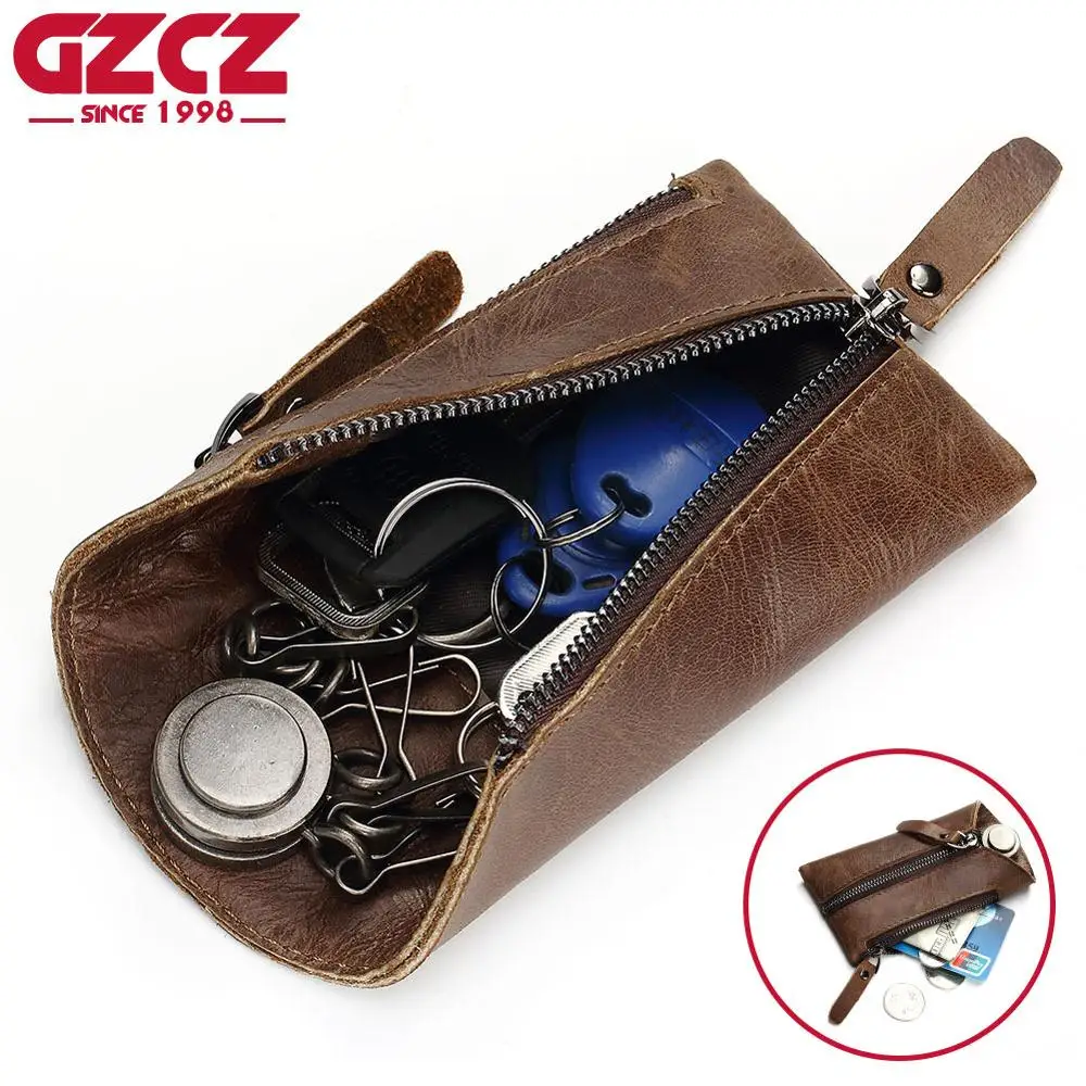 

Genuine Cow Leather Women Key Holder Organizer Wallet Pouch Car Keys Coin Purse Vintage Style Mini Pocket Zipper Small Keychain