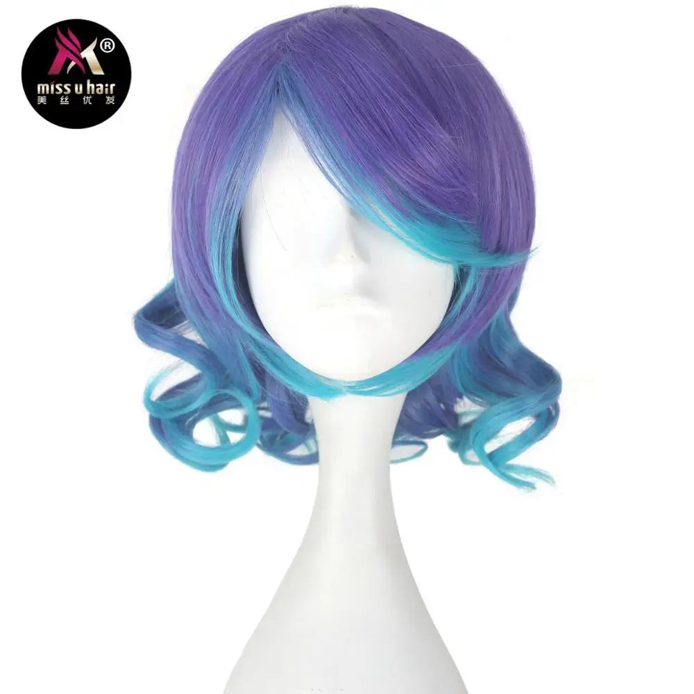 

Miss U Hair Synthetic Women Short Curly Gradient Blue and Purple Color Party Cosplay Wig Role Play Hair
