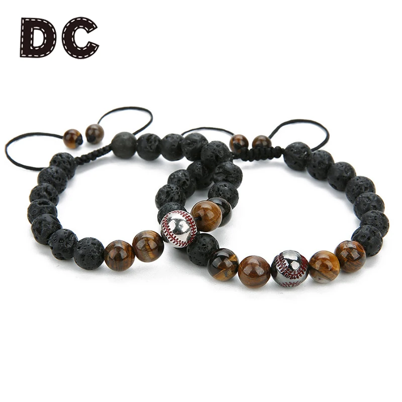 

DC 2019 Handmade Braided Baseball Charm Bracelets For Women Men 8mm Tiger Eye Natural Stone Beads Bracelet Pulseras Hombre