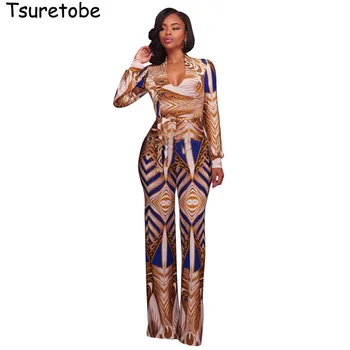 

Tsuretobe Plus Size Dashiki Print Jumpsuit Womens Long Sleeve Rompers Autumn Winter Deep-V Elegant Jumpsuit Wide Leg Overalls