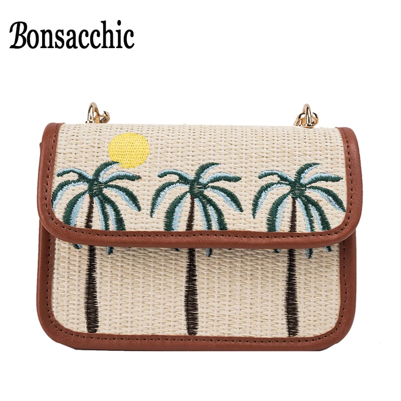 

Bonsacchic Handmade Straw Women Handbag Coconut Tree Summer Beach Flap Bag Knitted Khaki Crossbody Bags for Women Bolso Boho
