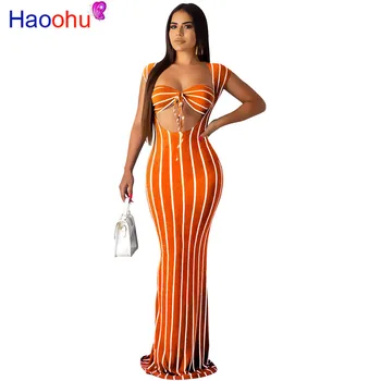 

HAOOHU Striped Two Piece Set Women Summer Festival Clothing Strapless Top and Sexy Maxi Dress Matching Sets 2Piece Club Outfits