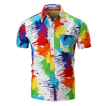 

Men Unique Pigment Printing Shirt Beach Blouse Tops Short Sleeve Shirt Summer Breathable Short Sleeve Men Shirt Plus Size