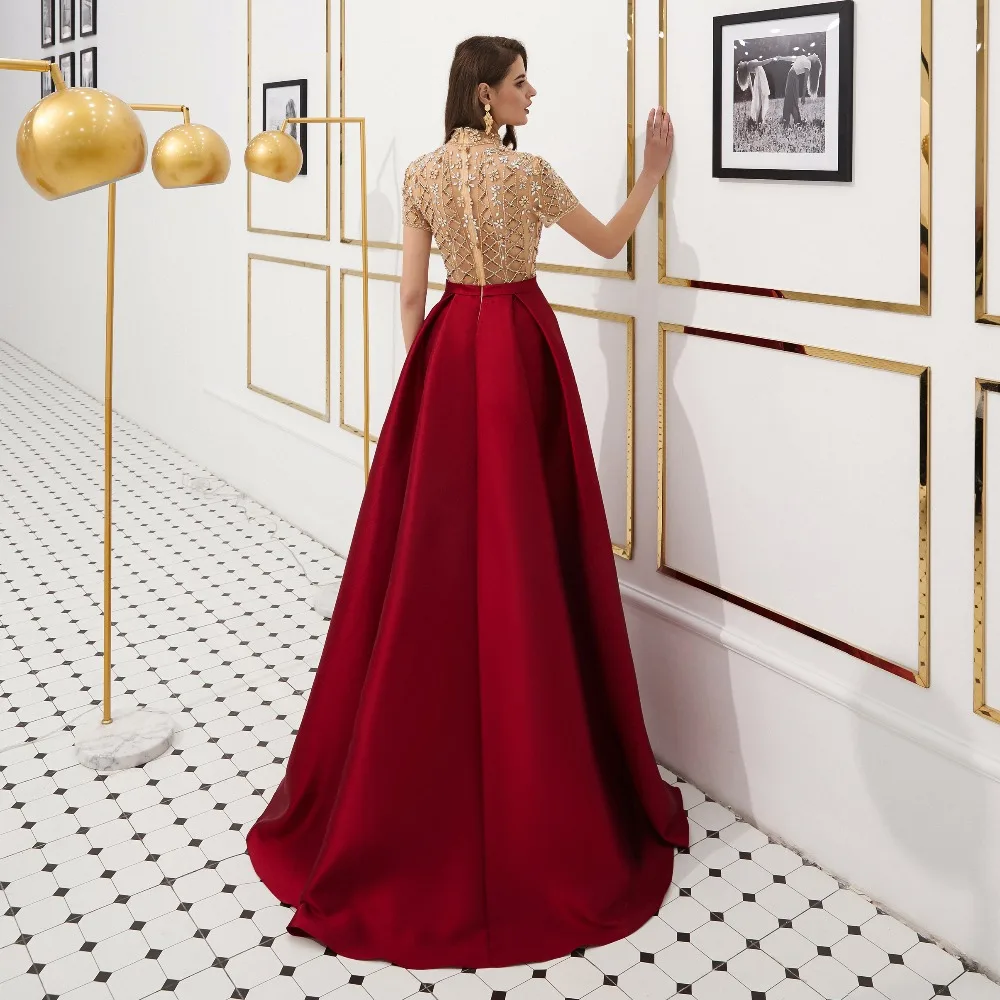 JaneVini с высоким вырезом бордовые длинные платья с короткими рукавами бисером арабский роскошный атласные линии торжественные платья для
